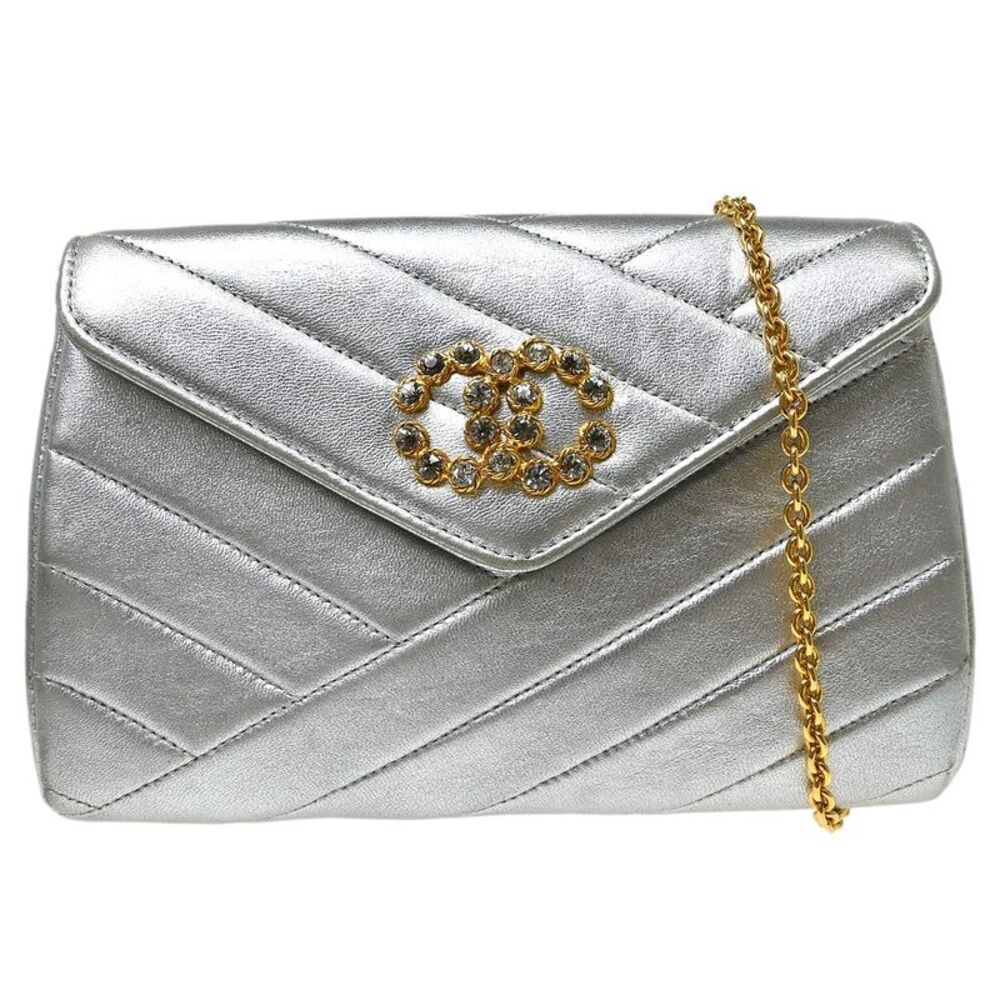 Chanel Vintage Crystal Cc Flap Chevron Leather Silver Leather Shoulder Bag Bag